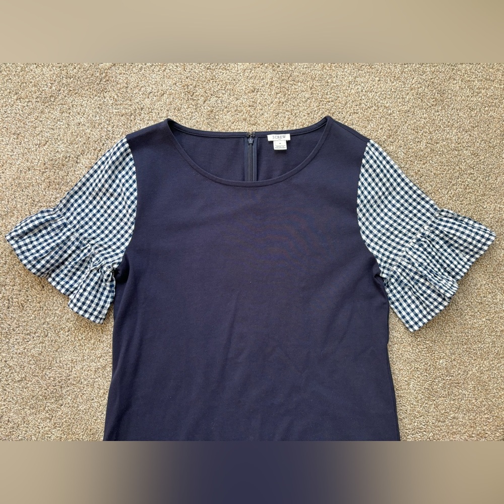 J Crew Factory Printed Bell-Sleeve Check Gingham Print Blue Dress Size M… - Picture 4 of 10